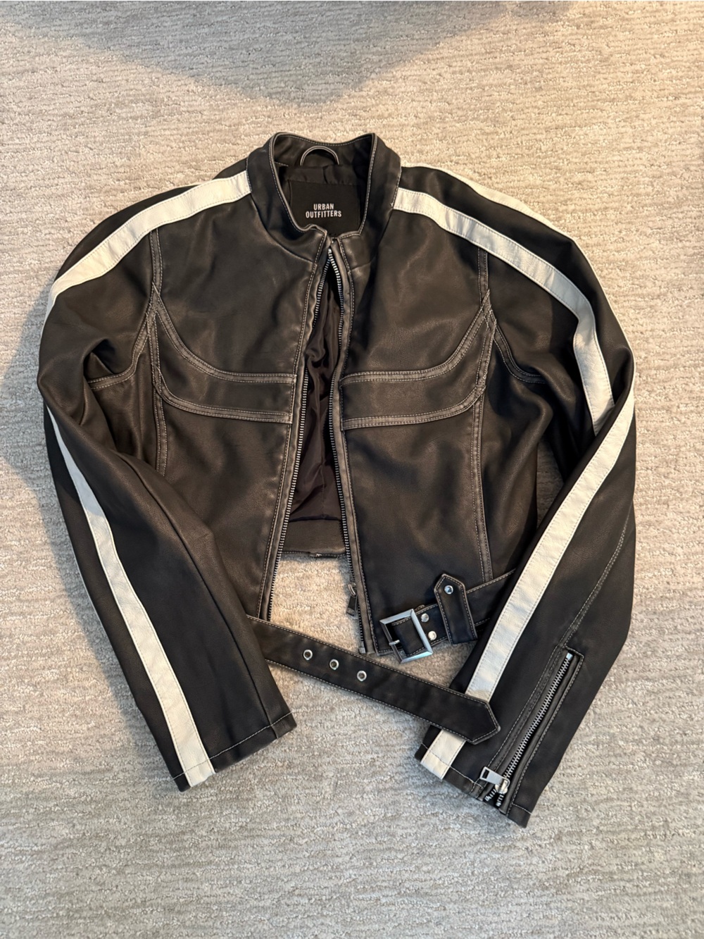 Urban Outfitters Black Vegan Leather Moto Jacket with White Racing Stripes